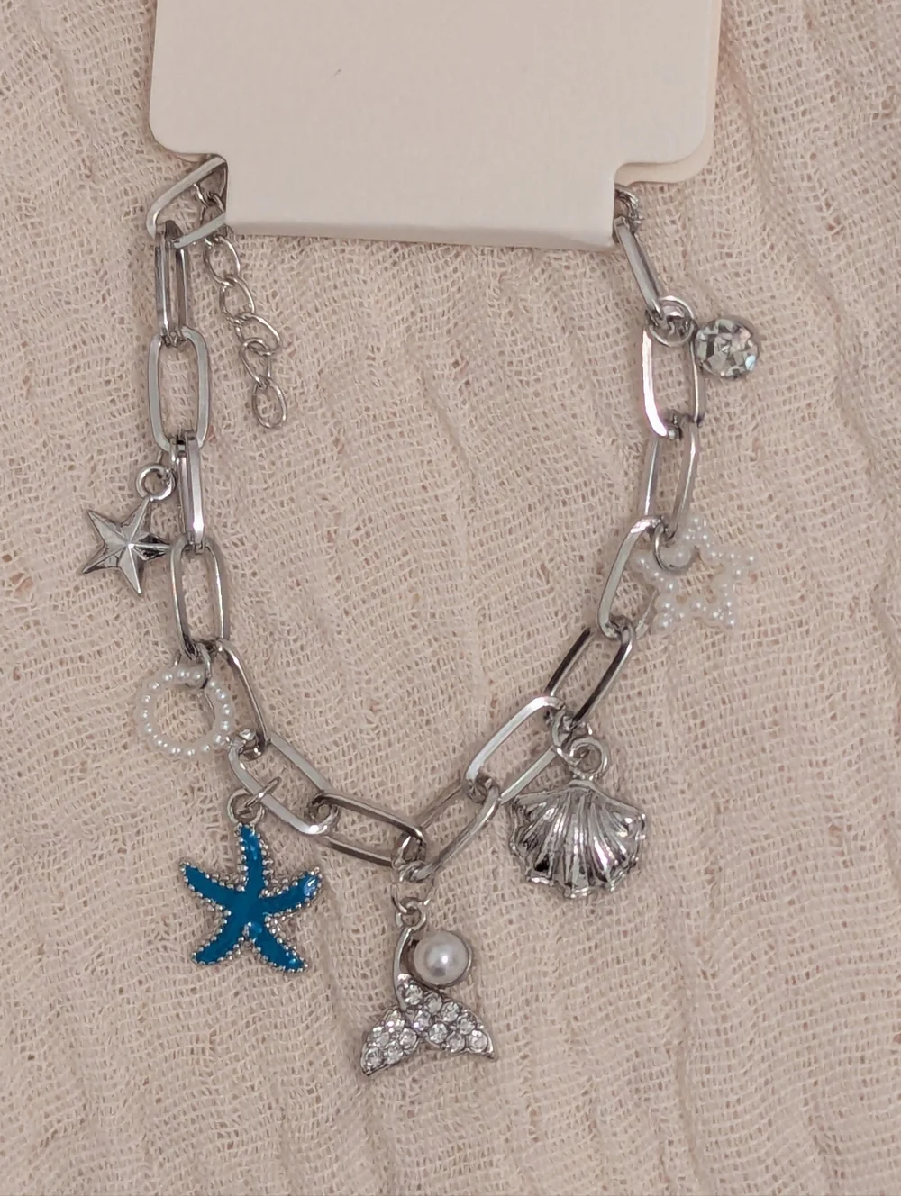 Silver Chain Charm Bracelet with Blue Starfish and Shell Charms - Picture 2 of 3